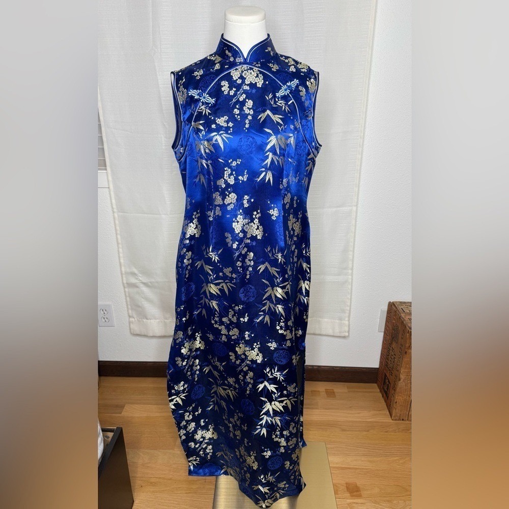 VTG Royal Blue &‎ Gold Floral Brocade Cheongsam Qipao Dress - Picture 4 of 10